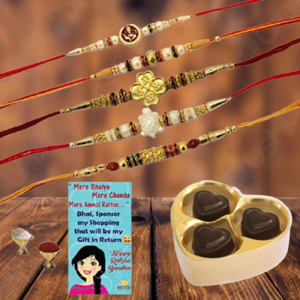 BOGATCHI 3Heart Chocolate 5 Rakhi Roli Chawal and Greeting Card A | Rakhi gifts | Rakhi with Gift Combo 